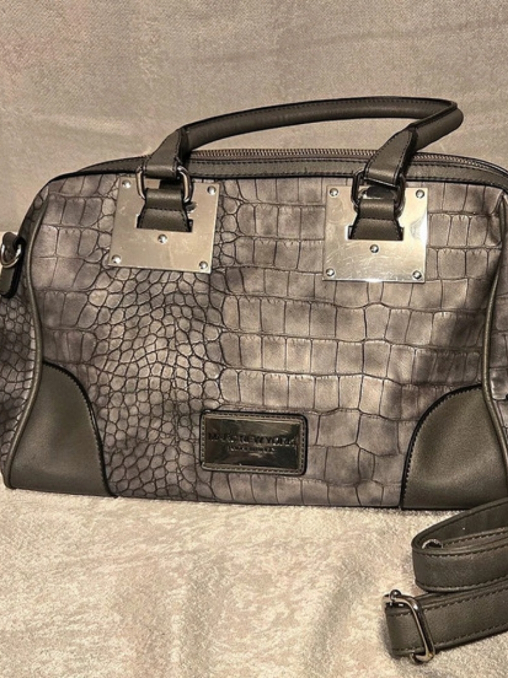 Andrew Marc Gray Croc-Embossed Satchel Bag